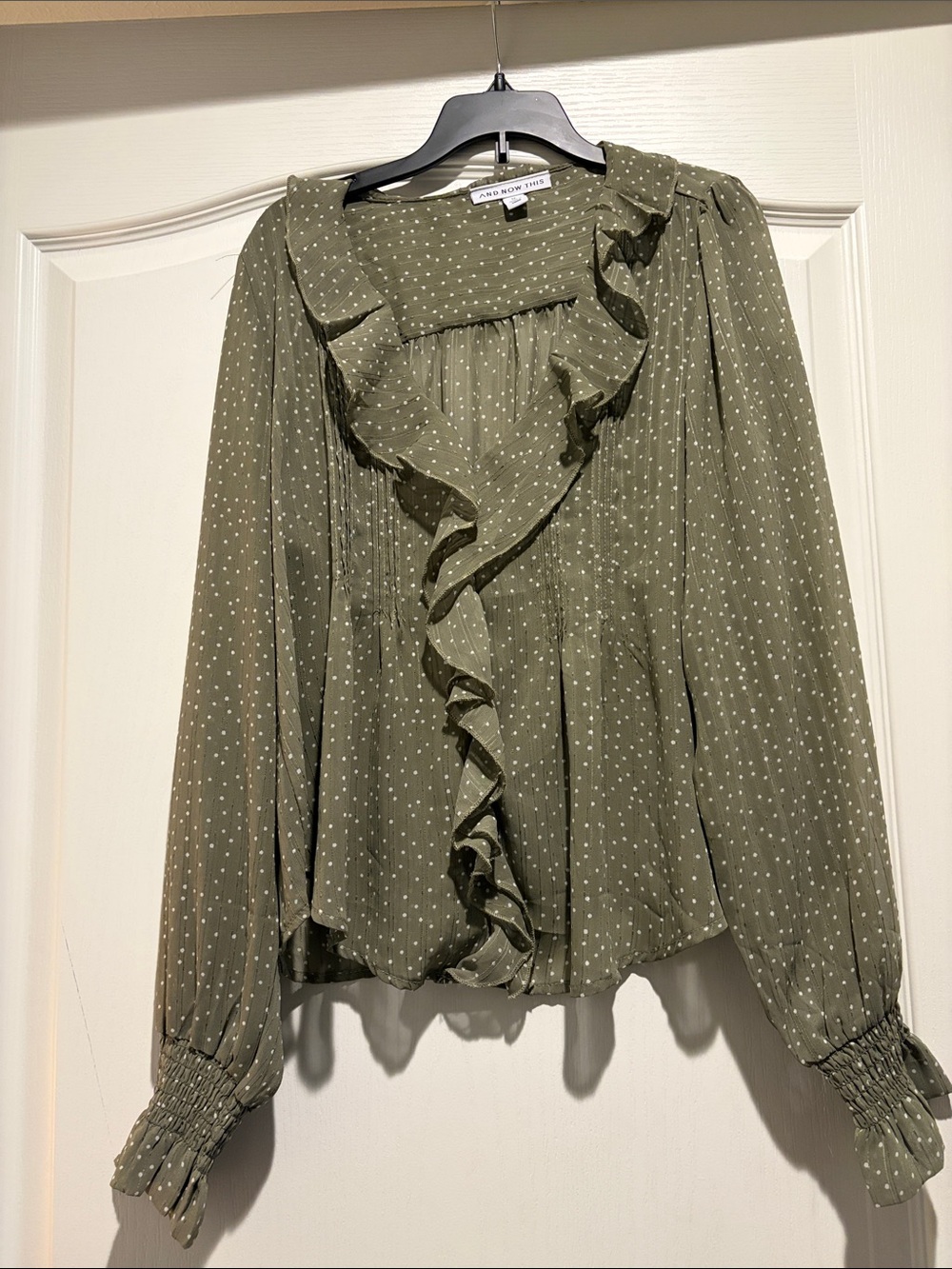 Armani Exchange Olive Green Polka Dot Ruffle Blouse